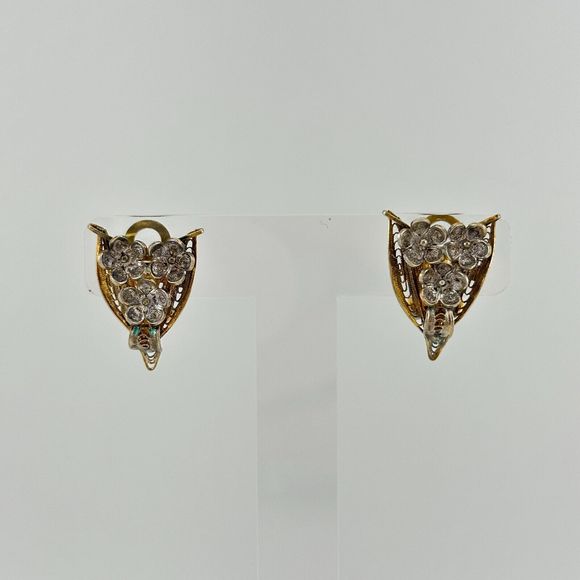 Vintage Vermeil Filigree Flowers Clip On Earrings Silver Gold Cannetille 7/8" L - Picture 5 of 15